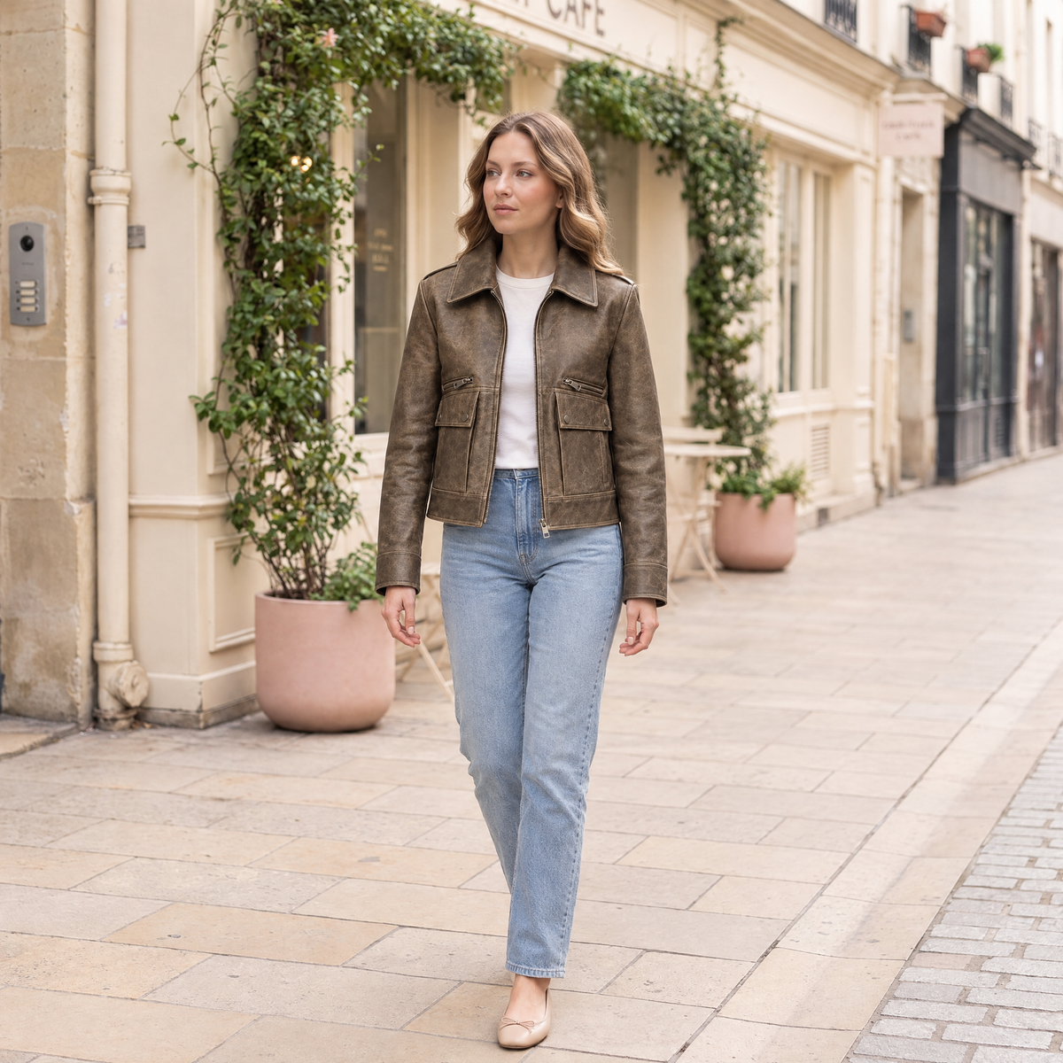 Women's Addis Leather Aviator Jacket — Brown — full-body-front