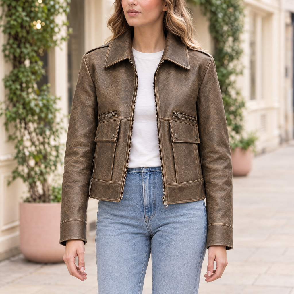 Women's Addis Leather Aviator Jacket — Brown — hero