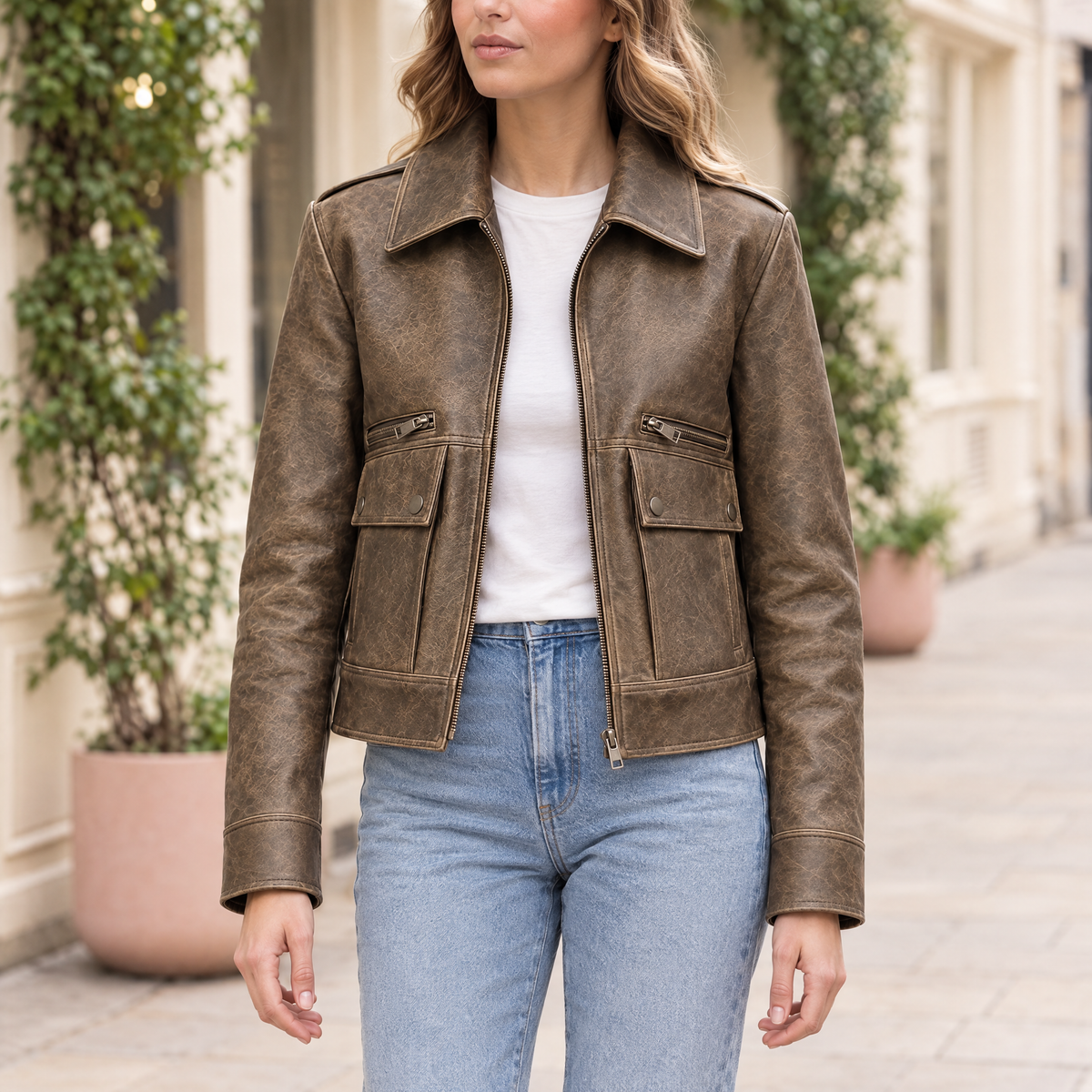 Women's Addis Leather Aviator Jacket — Brown — hero