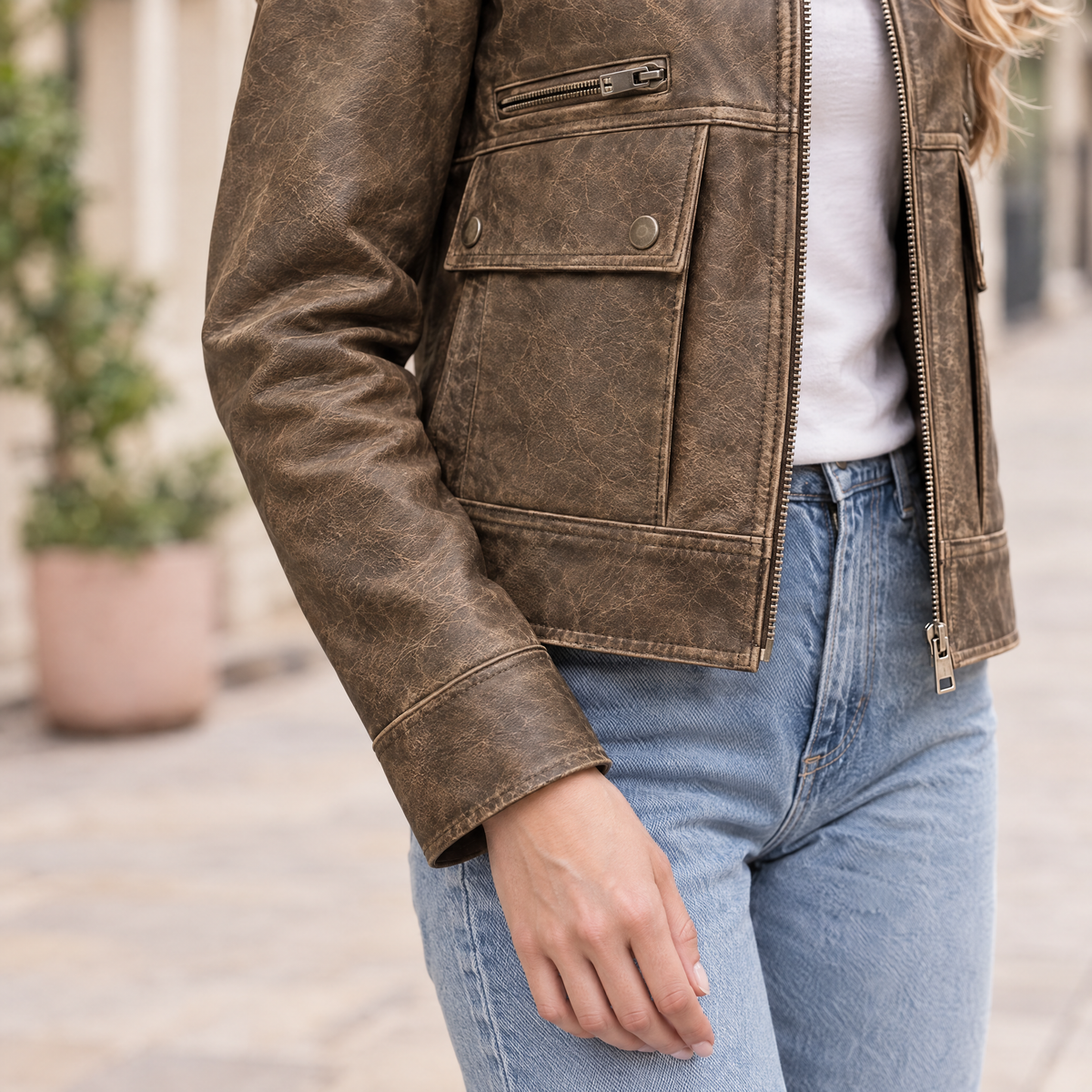 Women's Addis Leather Aviator Jacket — Brown — sleeve-detail