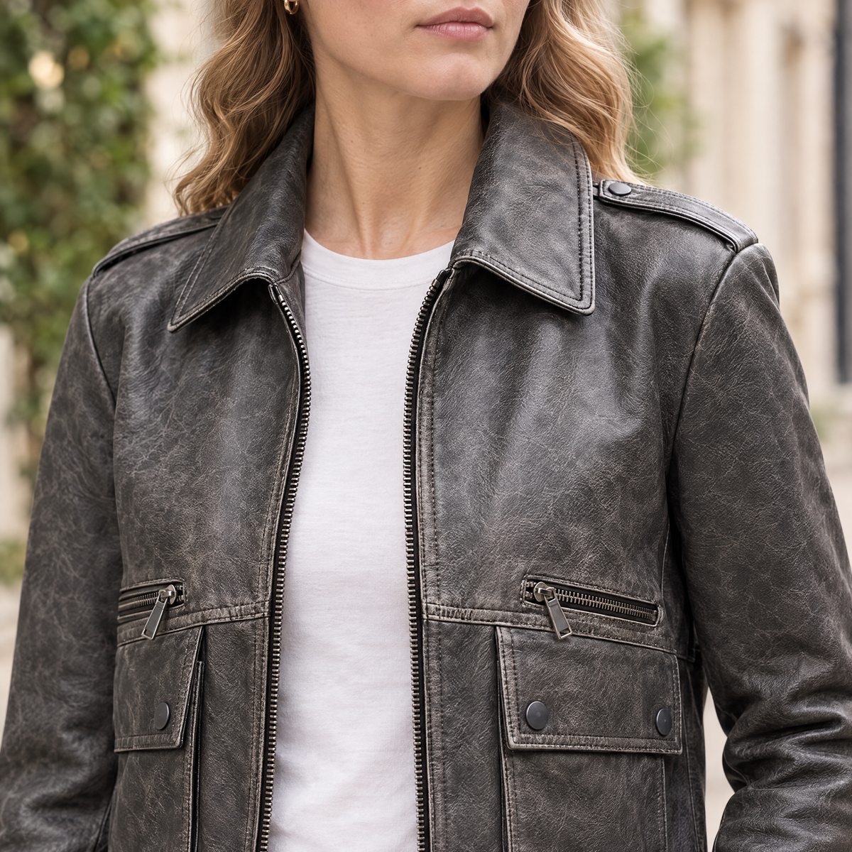 Women's Addis Leather Aviator Jacket — Faded Black — chest-detail