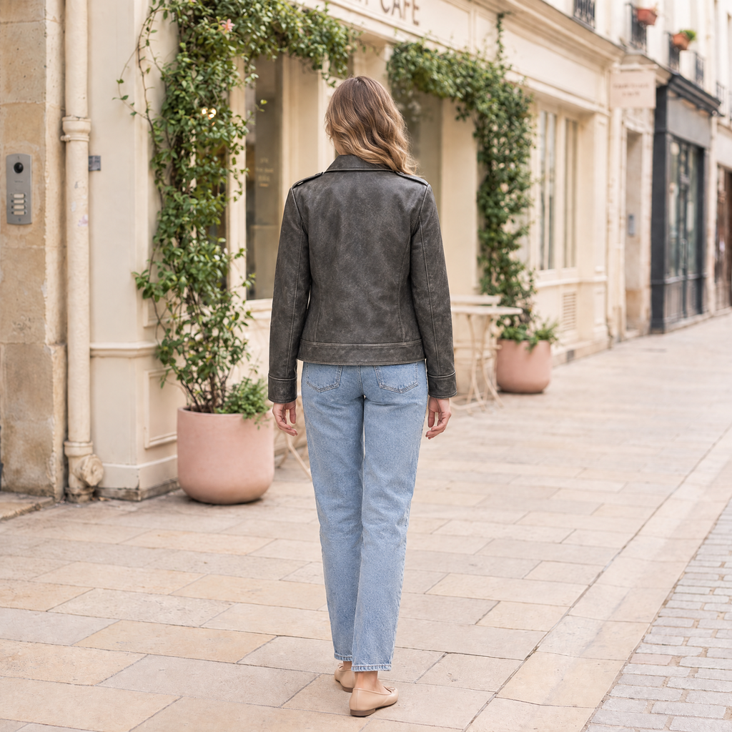 Women's Addis Leather Aviator Jacket — Faded Black — full-body-back