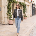 Women's Addis Leather Aviator Jacket — Faded Black — full-body-front