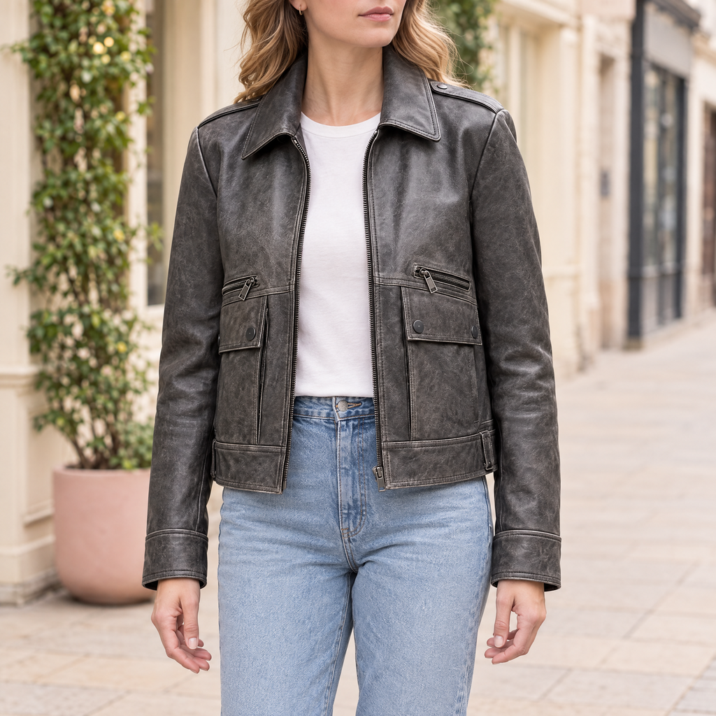 Women's Addis Leather Aviator Jacket — Faded Black — hero