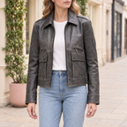 Women's Addis Leather Aviator Jacket — Faded Black — hero