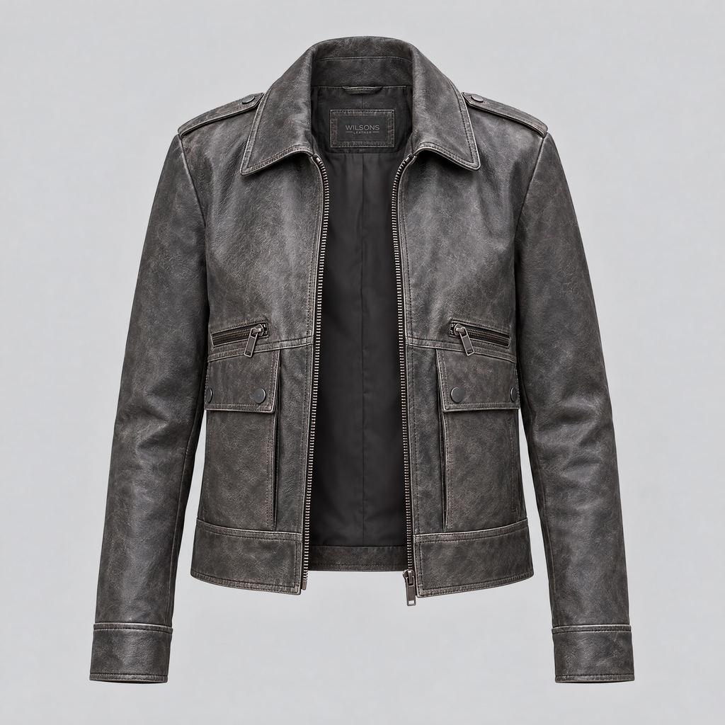 Women's Addis Leather Aviator Jacket — Faded Black — product-front