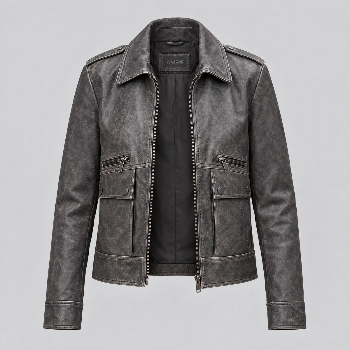 Women's Addis Leather Aviator Jacket — Faded Black — product-front