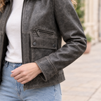 Women's Addis Leather Aviator Jacket — Faded Black — sleeve-detail