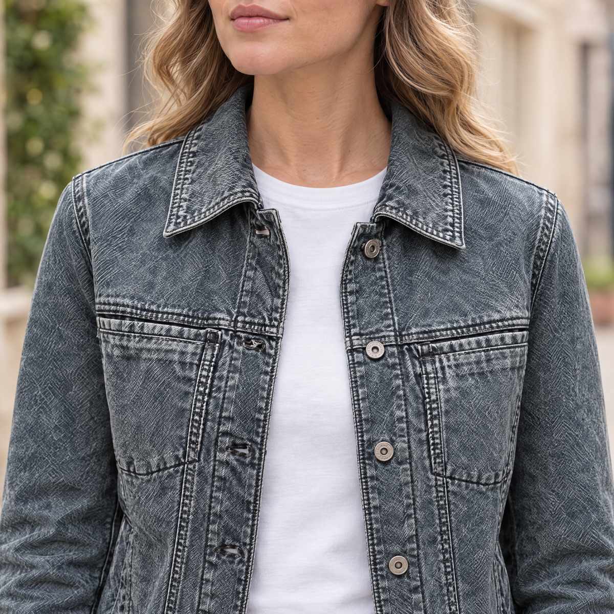 Women's Addison Leather Denim Jacket — Blue — chest-detail