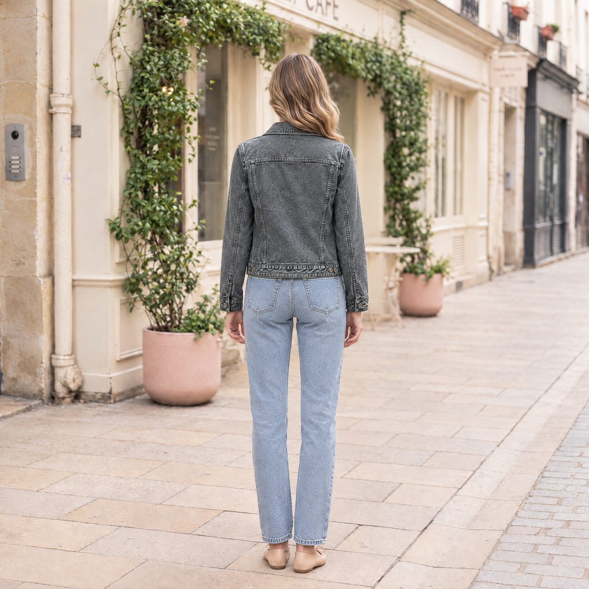 Women's Addison Leather Denim Jacket — Blue — full-body-back