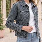 Women's Addison Leather Denim Jacket — Blue — sleeve-detail