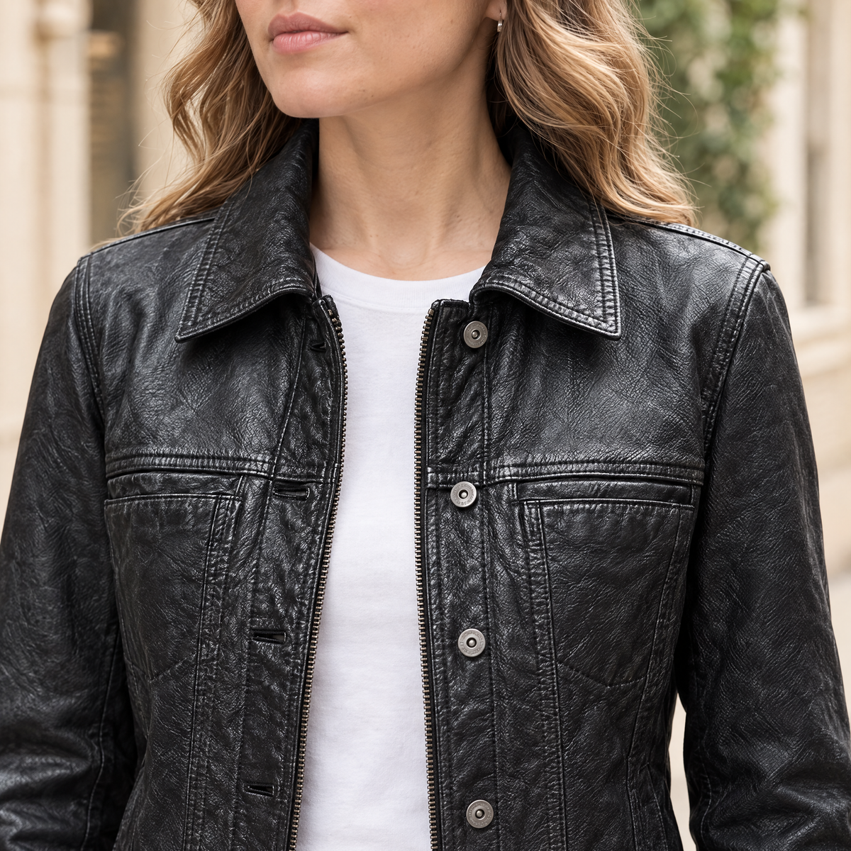 Women's Addison Leather Denim Jacket — Jet Black — chest-detail