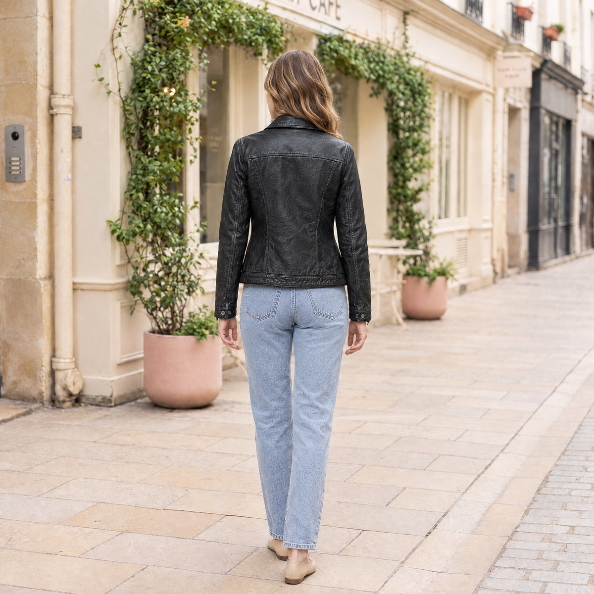 Women's Addison Leather Denim Jacket — Jet Black — full-body-back