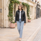 Women's Addison Leather Denim Jacket — Jet Black — full-body-front