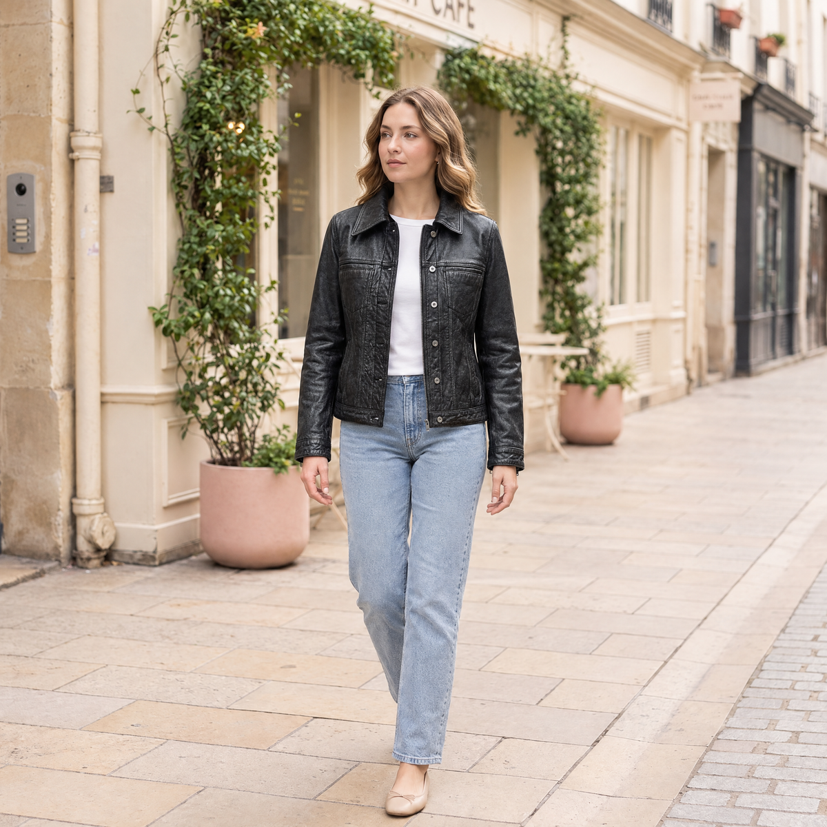 Women's Addison Leather Denim Jacket — Jet Black — full-body-front
