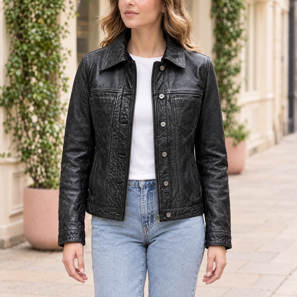 Women's Addison Leather Denim Jacket — Jet Black — hero