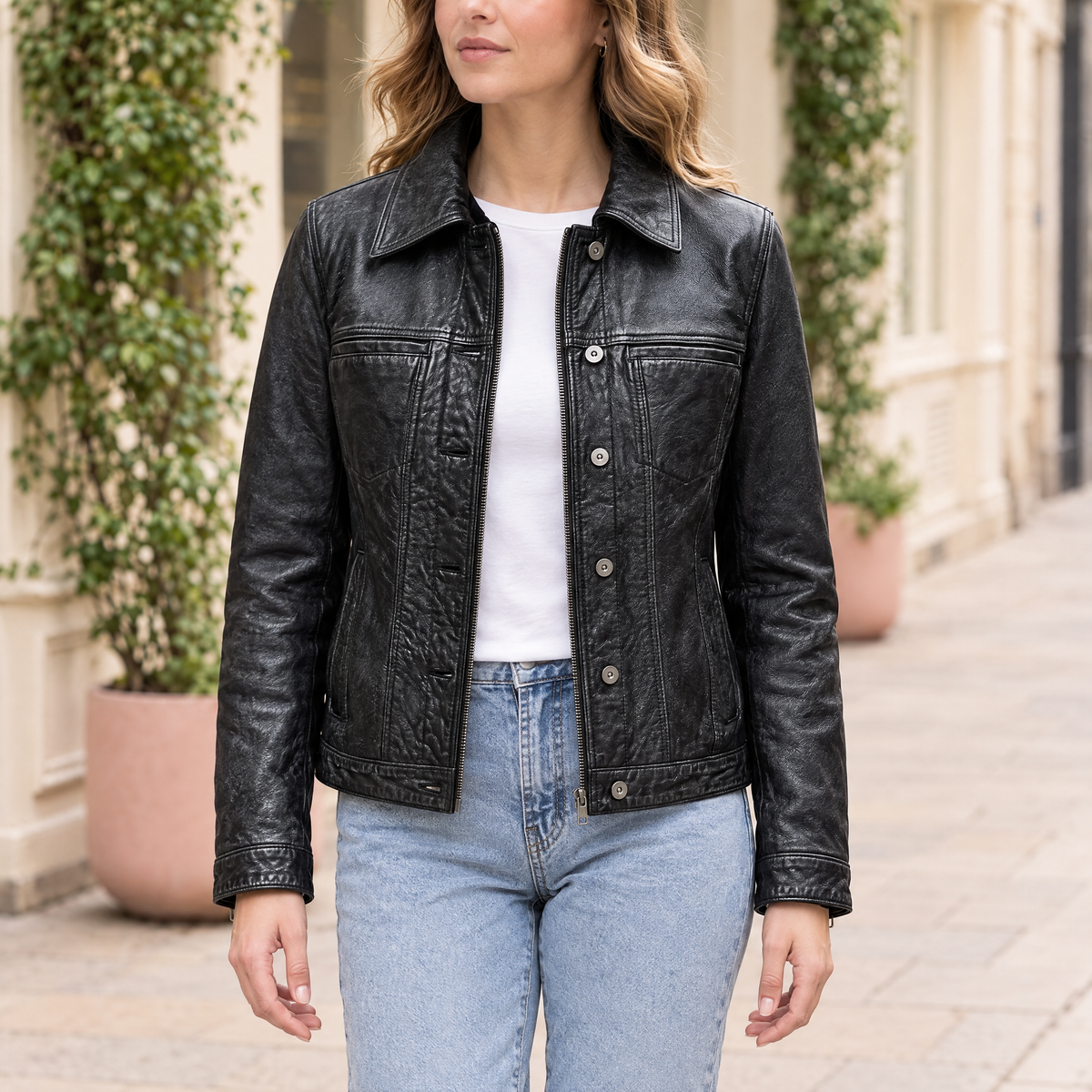 Women's Addison Leather Denim Jacket — Jet Black — hero