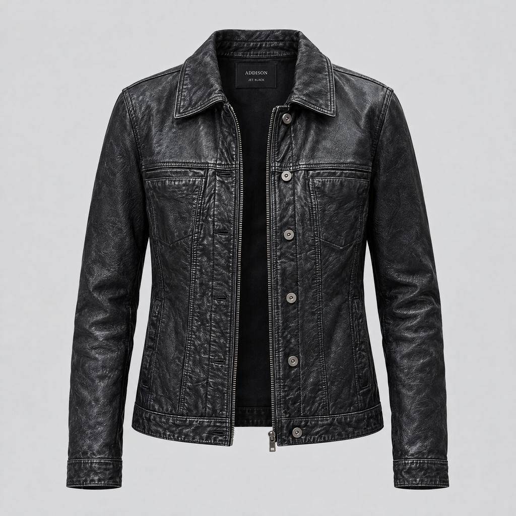 Women's Addison Leather Denim Jacket — Jet Black — product-front