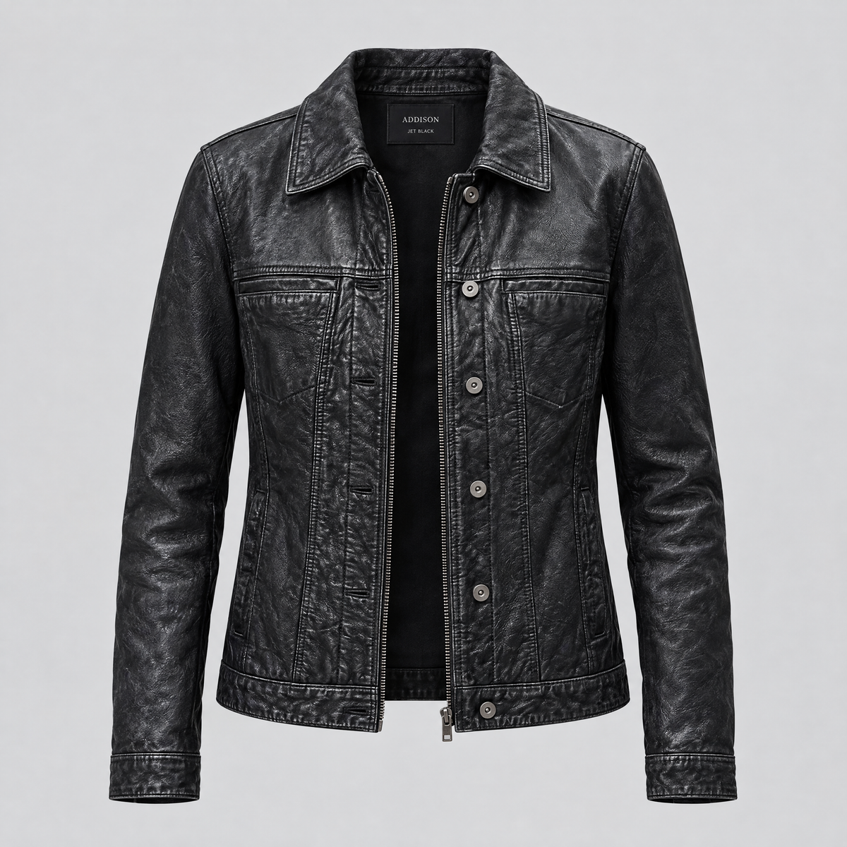 Women's Addison Leather Denim Jacket — Jet Black — product-front