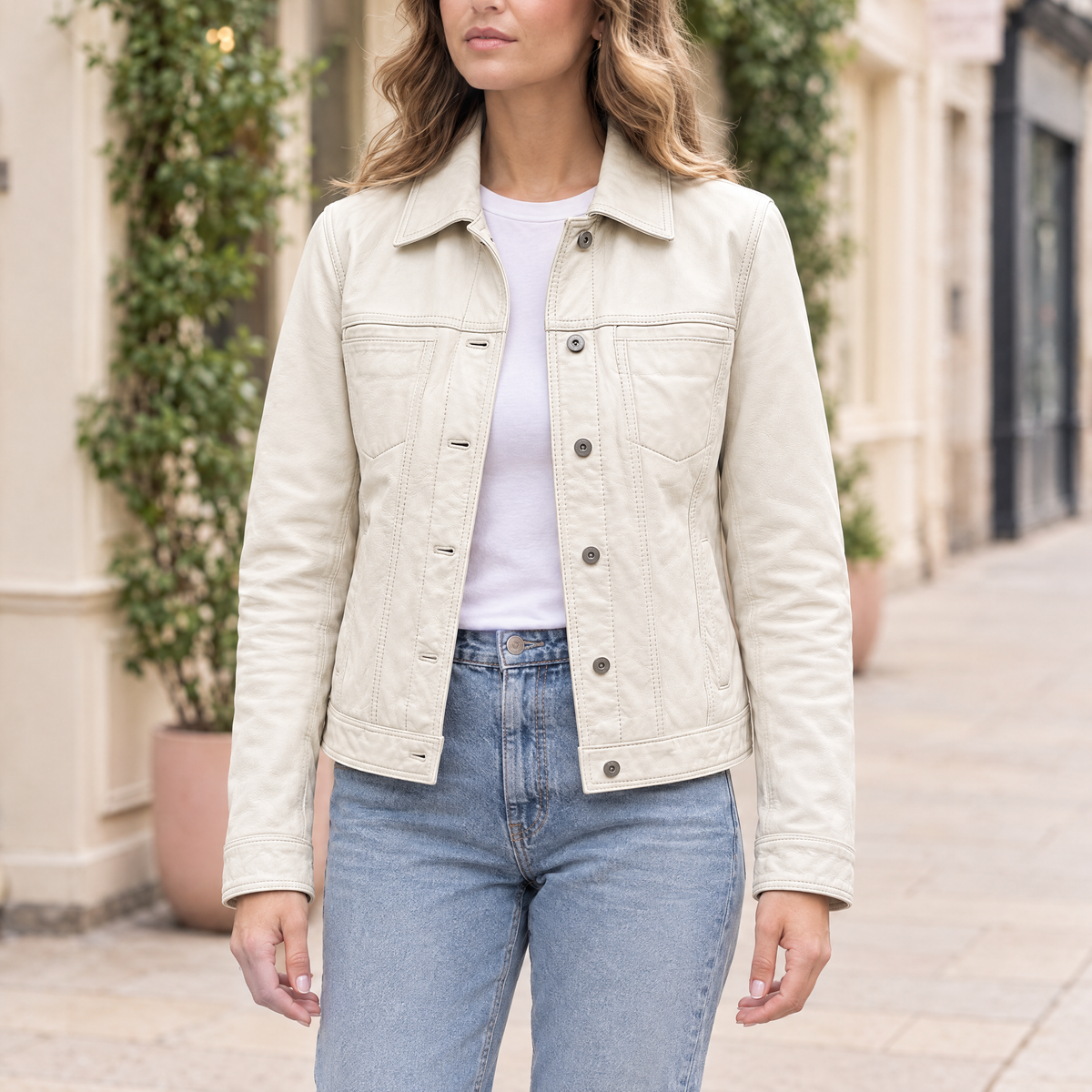 Women's Addison Leather Denim Jacket — White — hero