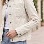Women's Addison Leather Denim Jacket — White — sleeve-detail