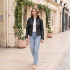 Women's Alora Leather Combo Racer Jacket — Black — full-body-front