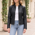 Women's Alora Leather Combo Racer Jacket — Black — hero