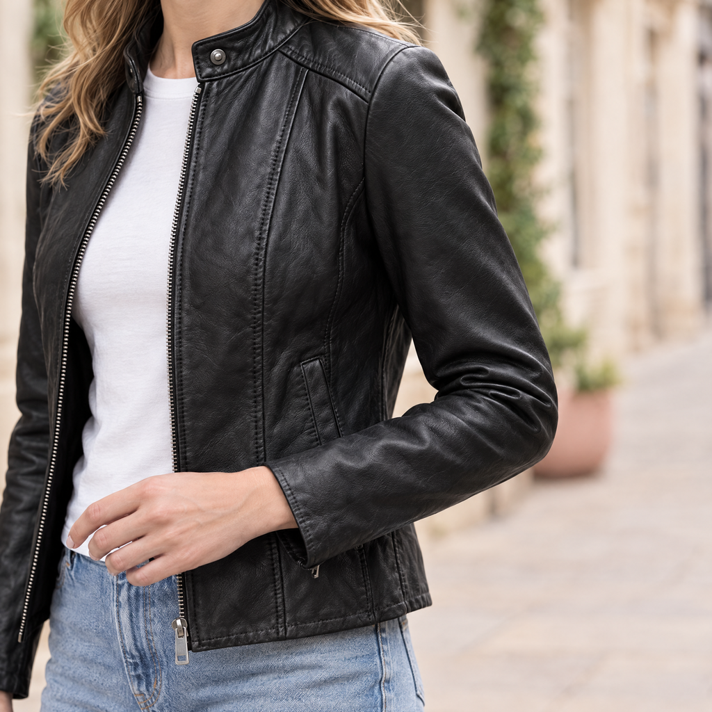 Women's Alora Leather Combo Racer Jacket — Black — sleeve-detail