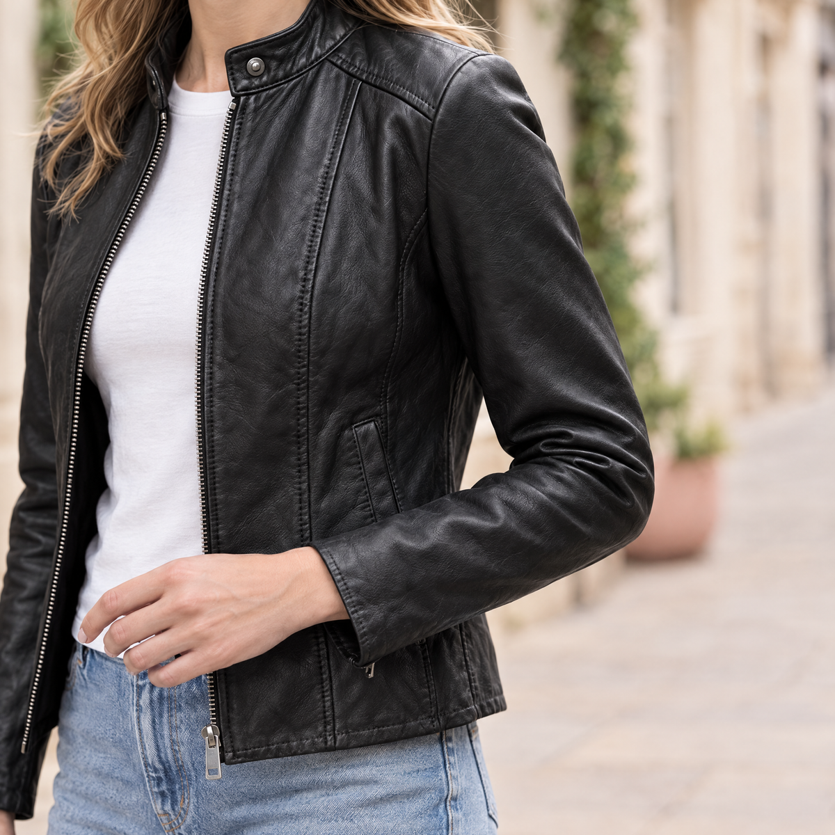 Women's Alora Leather Combo Racer Jacket — Black — sleeve-detail