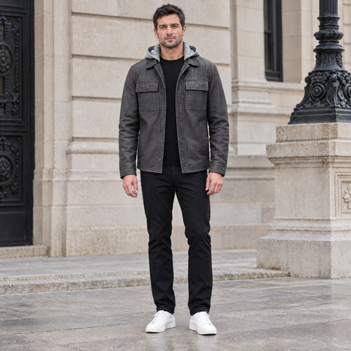 Men's Atlas Hooded Vintage Shirt Jacket — Charcoal — full-body-front