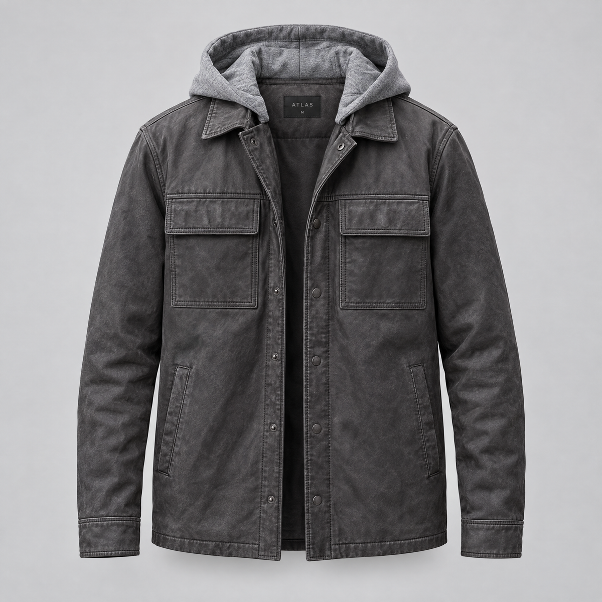 Men's Atlas Hooded Vintage Shirt Jacket — Charcoal — product-front