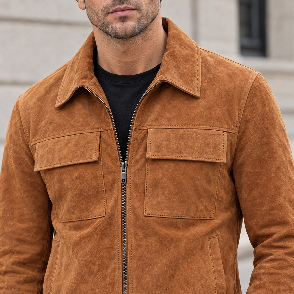 Men's Banks Suede Zip Shirt Jacket — Cognac — chest-detail