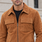 Men's Banks Suede Zip Shirt Jacket — Cognac — chest-detail