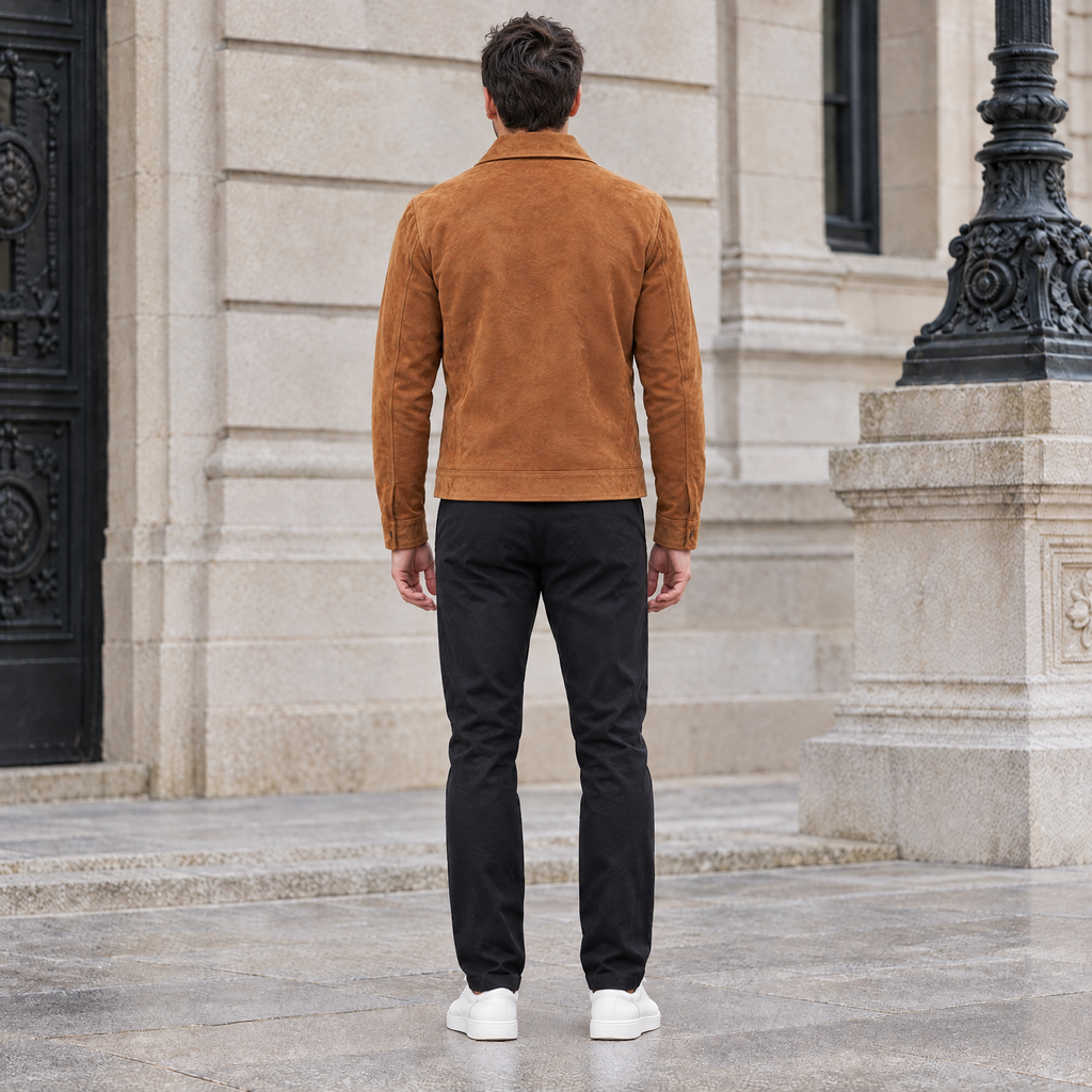 Men's Banks Suede Zip Shirt Jacket — Cognac — full-body-back