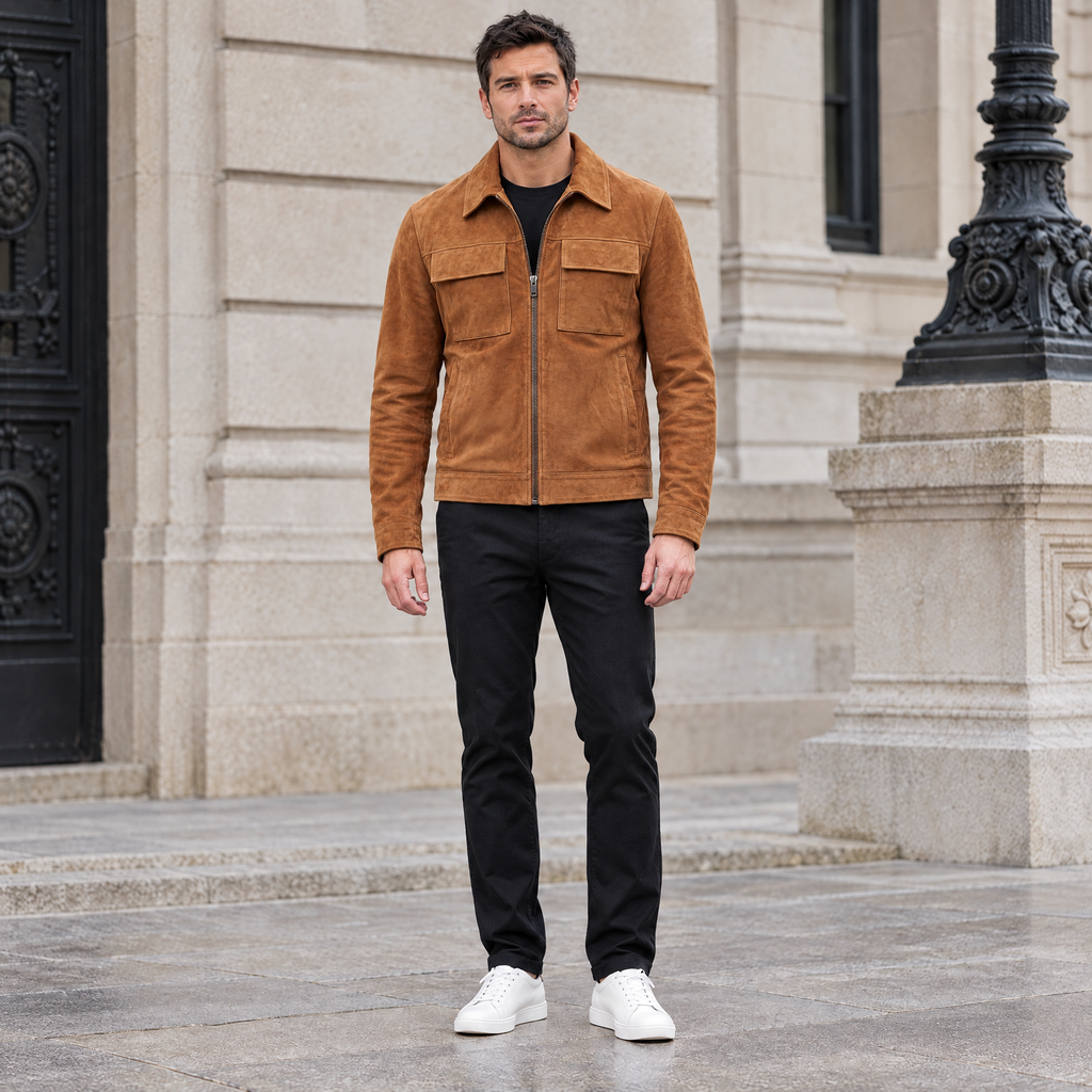 Men's Banks Suede Zip Shirt Jacket — Cognac — full-body-front