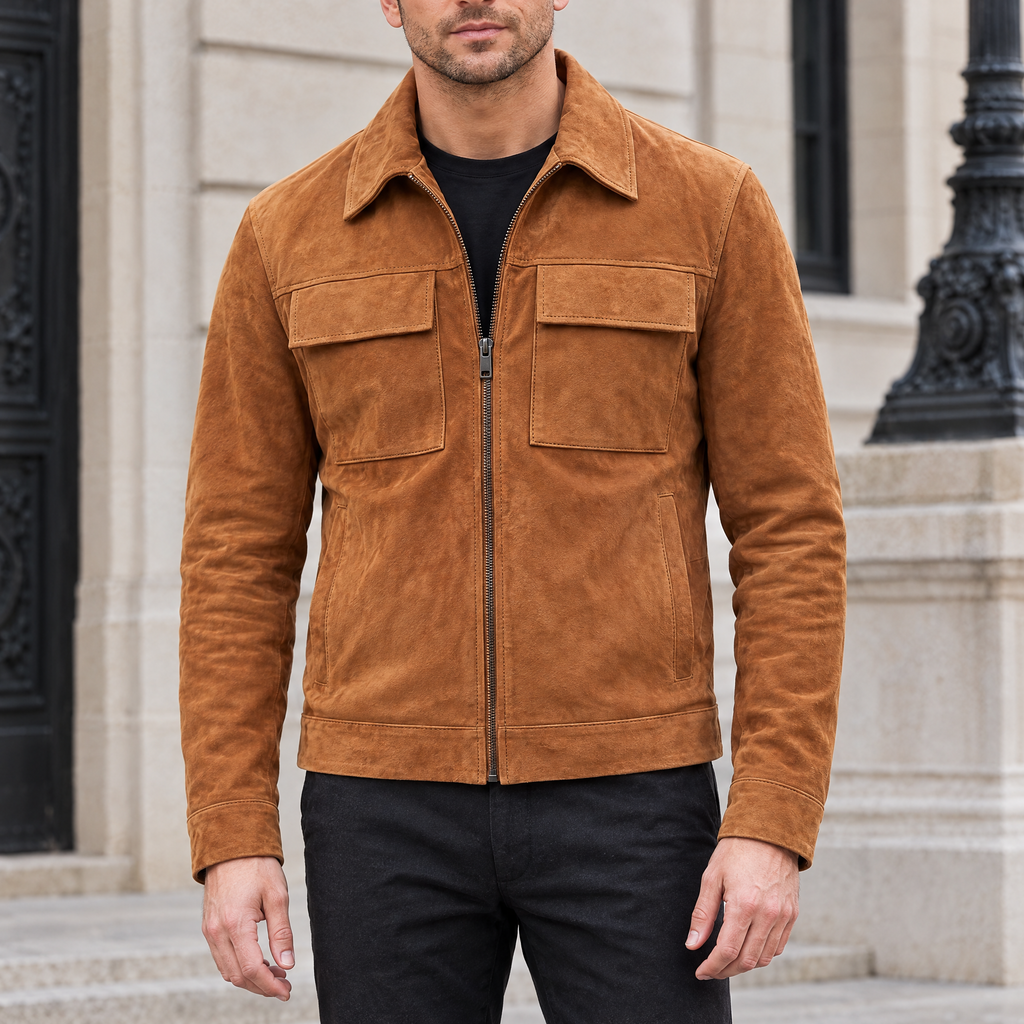 Men's Banks Suede Zip Shirt Jacket — Cognac — hero