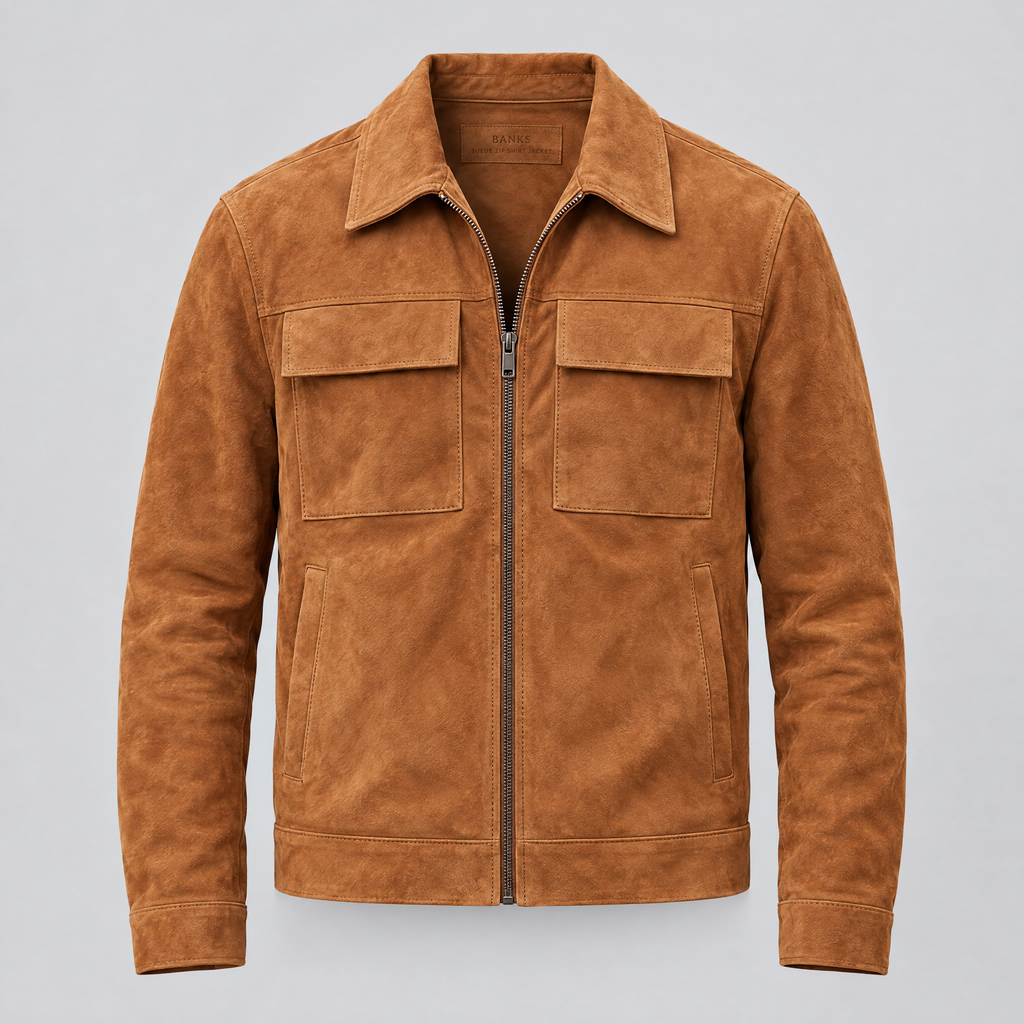 Men's Banks Suede Zip Shirt Jacket — Cognac — product-front