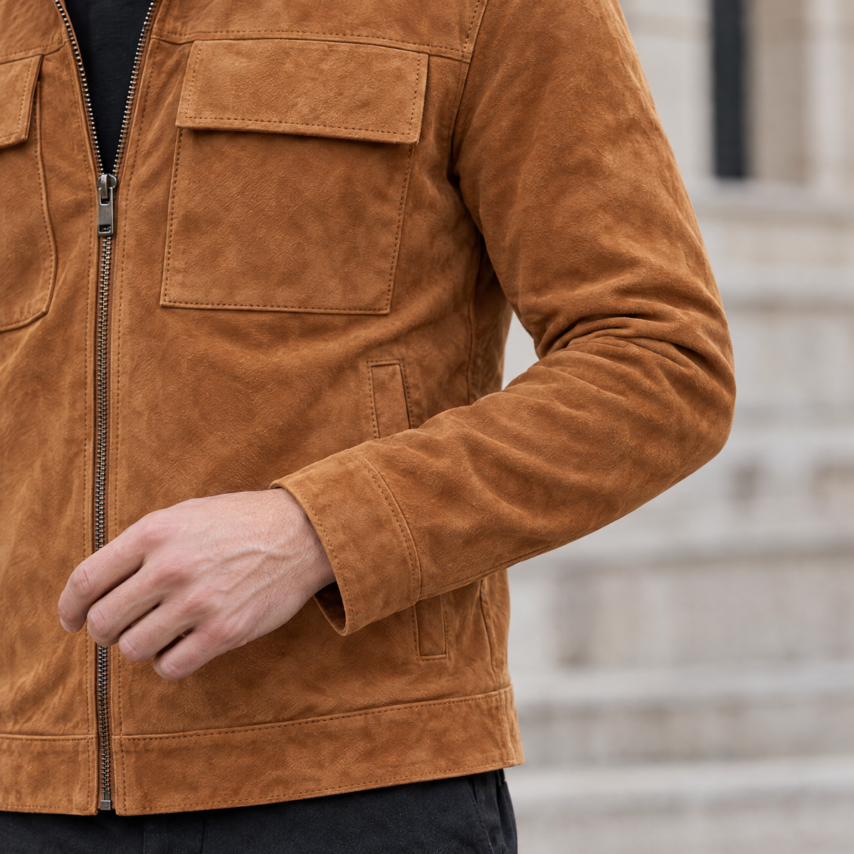 Men's Banks Suede Zip Shirt Jacket — Cognac — sleeve-detail
