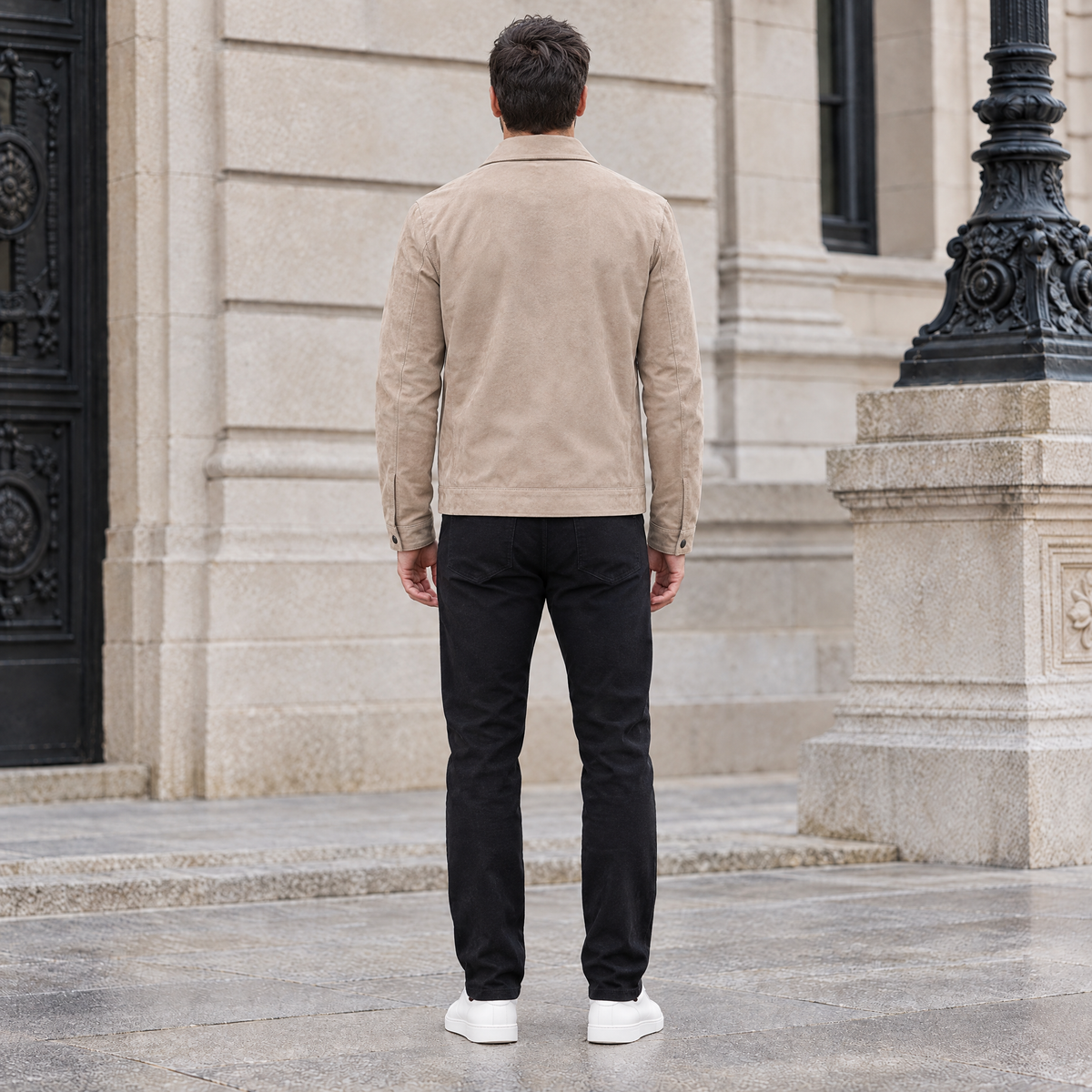 Men's Banks Suede Zip Shirt Jacket — Sand — full-body-back