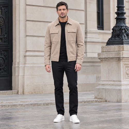 Men's Banks Suede Zip Shirt Jacket — Sand — full-body-front