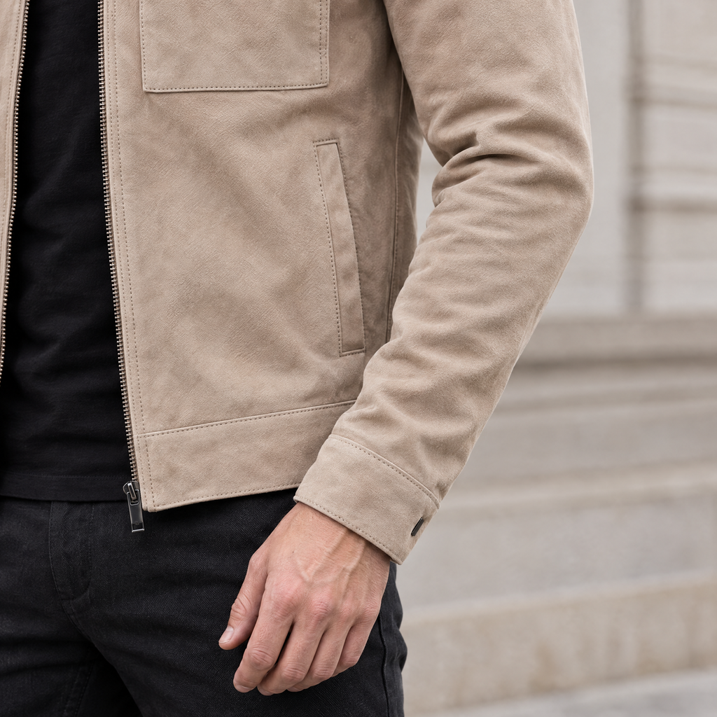 Men's Banks Suede Zip Shirt Jacket — Sand — sleeve-detail