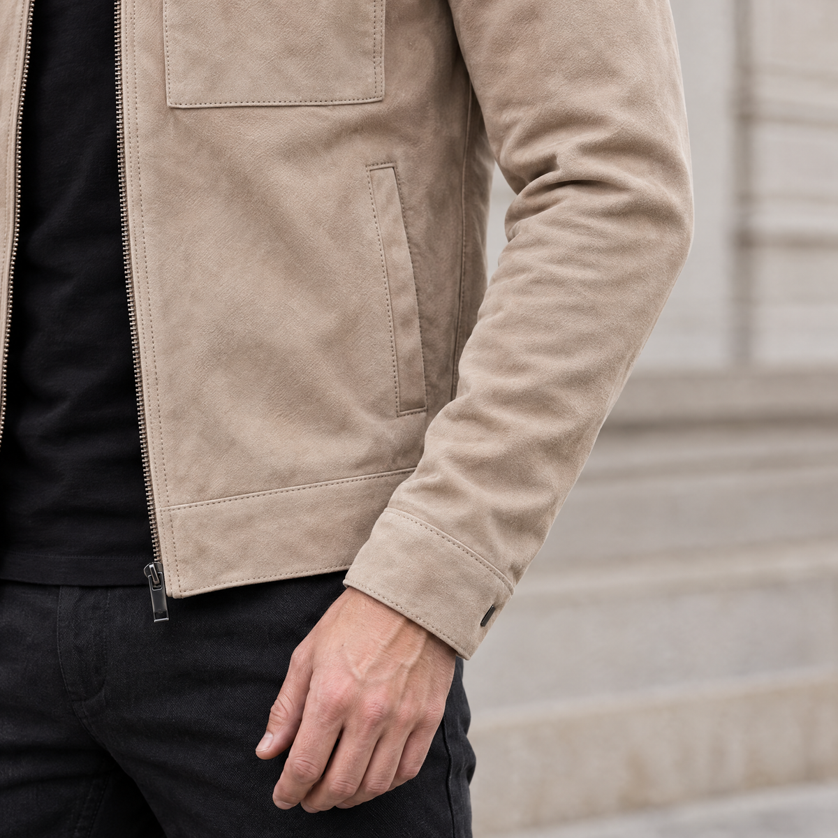 Men's Banks Suede Zip Shirt Jacket — Sand — sleeve-detail