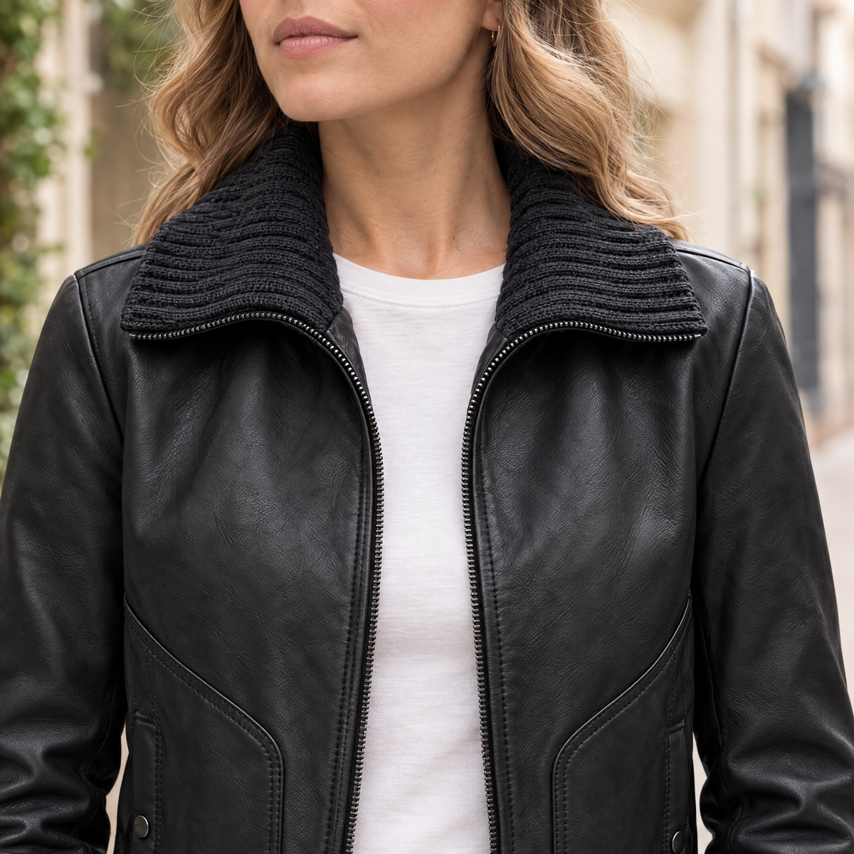 Women's Beatrix Leather Jacket — Black — chest-detail