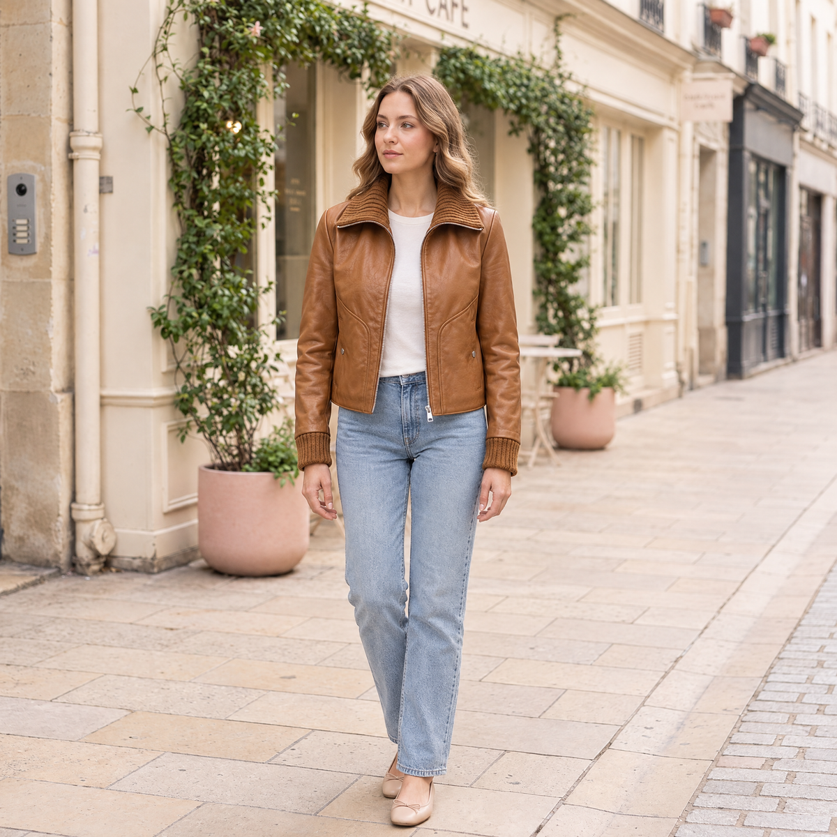 Women's Beatrix Leather Jacket — Tan — full-body-front
