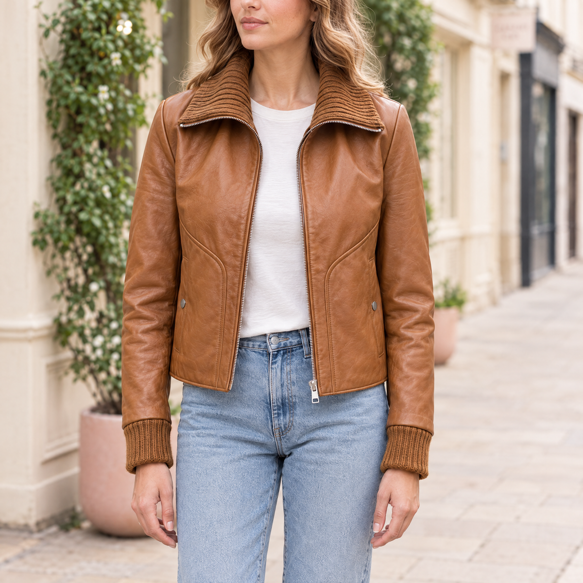 Women's Beatrix Leather Jacket — Tan — hero