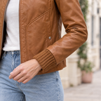 Women's Beatrix Leather Jacket — Tan — sleeve-detail