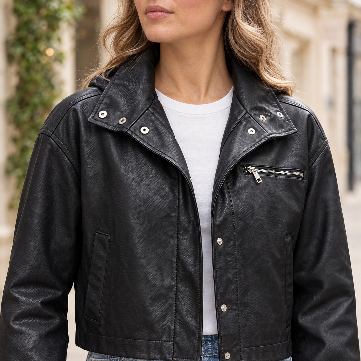 Women's Belle Cropped Lightweight Hooded Jacket — Black — chest-detail