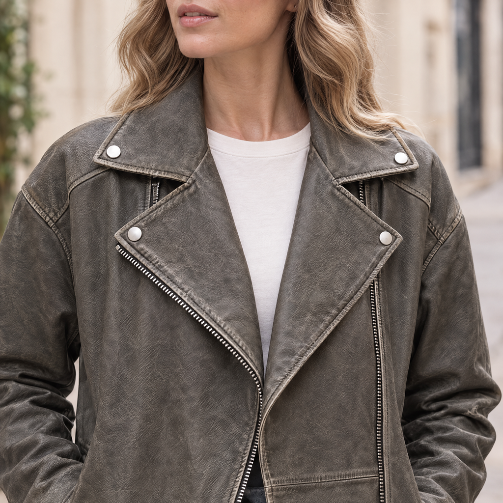 Women's Briana Oversized Asymmetric Leather Moto Jacket — Brown — chest-detail