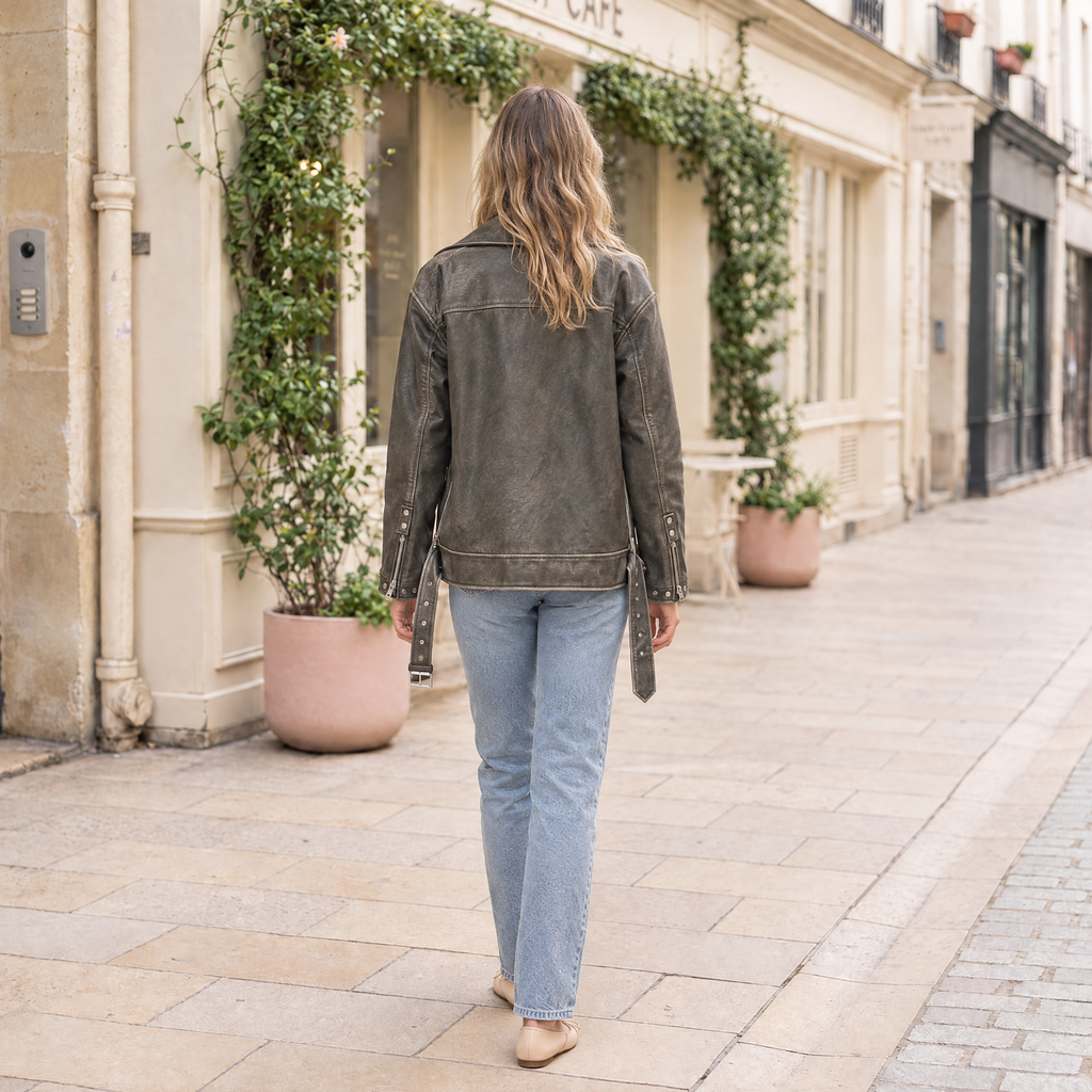 Women's Briana Oversized Asymmetric Leather Moto Jacket — Brown — full-body-back