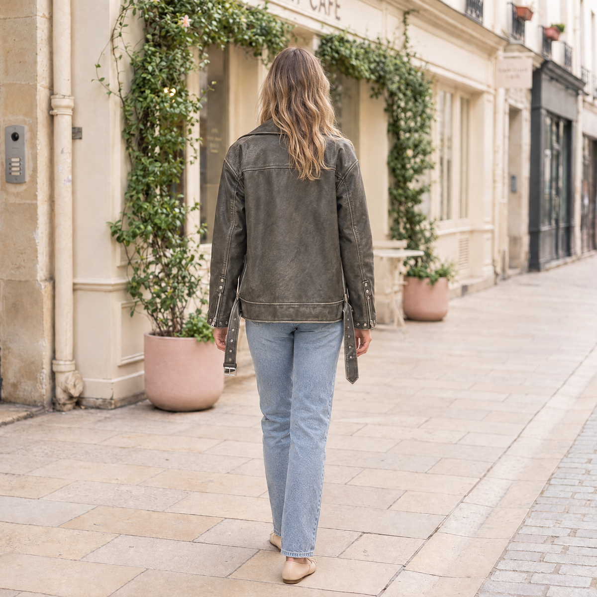 Women's Briana Oversized Asymmetric Leather Moto Jacket — Brown — full-body-back